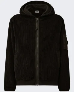 Heren Curduroy Zip Hooded Zwart